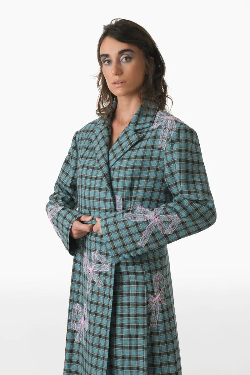 CHECKERED PLEATED SKIRT WITH BOW TIES IN TEAL AND PINK