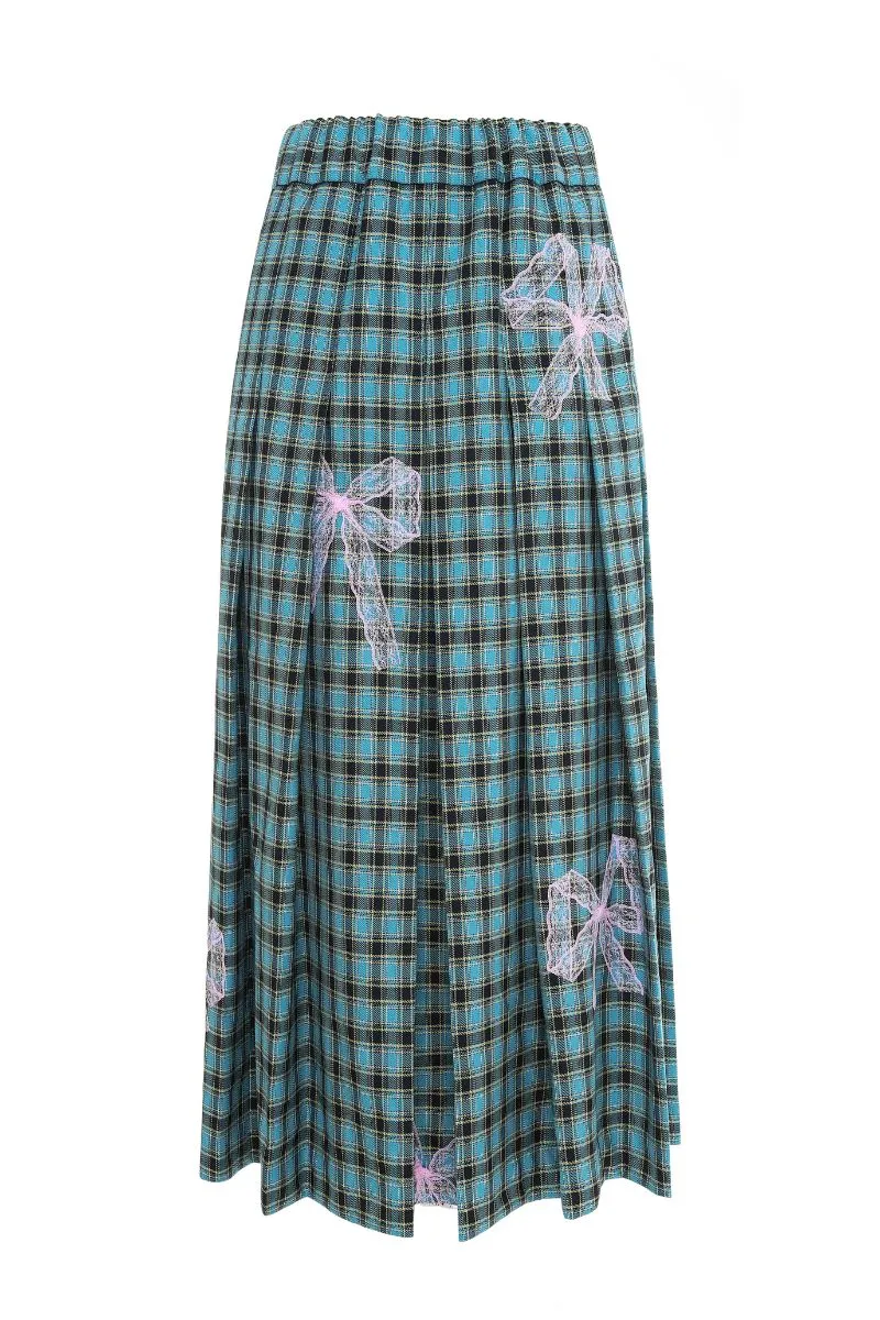 CHECKERED PLEATED SKIRT WITH BOW TIES IN TEAL AND PINK