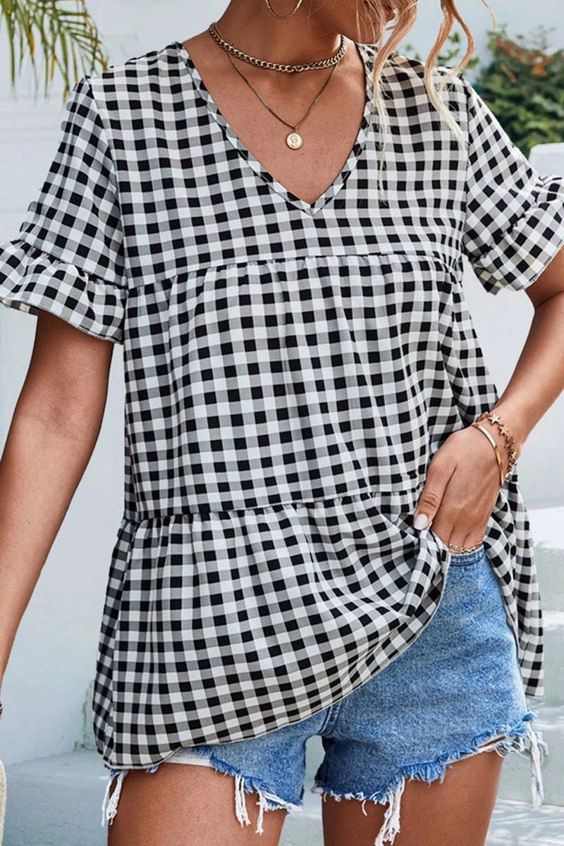 CHECKERED V NECK SHORT SLEEVED SHIRT_CWTSTS0201 Temperature Control Fabric Lightweight Thermal