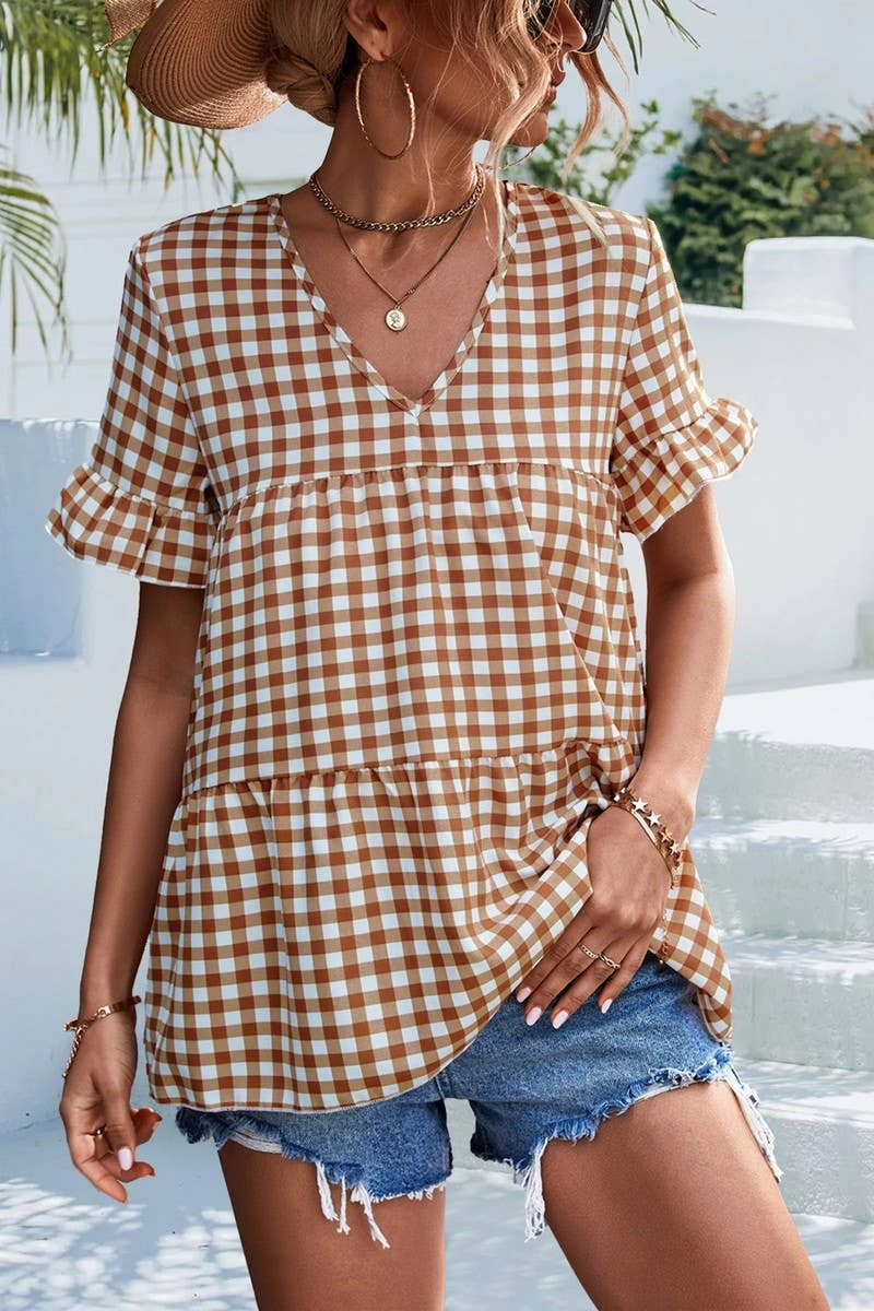 Stretchy Top CHECKERED V NECK SHORT SLEEVED SHIRT_CWTSTS0201