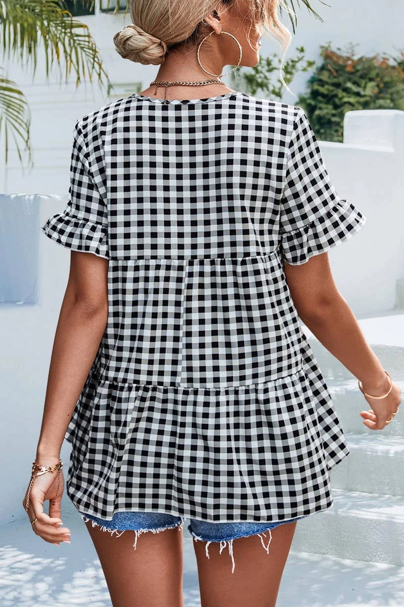 AntiStaticFinish CHECKERED V NECK SHORT SLEEVED SHIRT_CWTSTS0201