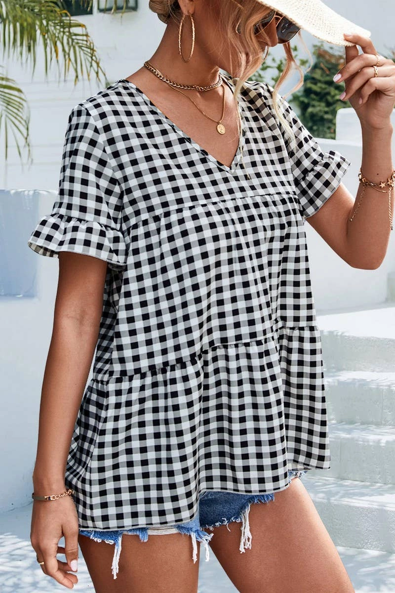 Sport Hoodie OrganicCotton CHECKERED V NECK SHORT SLEEVED SHIRT_CWTSTS0201