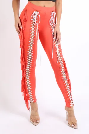 Chic Lace up Detailed Fringe Tassel Pants Leggings BLACK