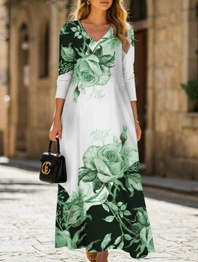 Printed V-neck button-down long-sleeved dress Bright Mood