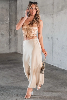 Chic Endeavors Satin Midi Skirt (Champagne) Wrap Closure elastic waistband
