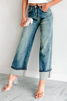 Aiden Special A High Rise Dirty Wash Wide Leg Jeans (Dark) No Wrinkle Quick Flex