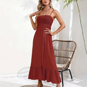 BUTTONS ADORN A SLIT HALTER DRESS_CWDMD1719 Chill Fashion Loose Flow
