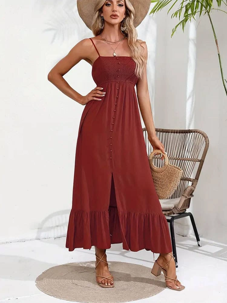 Sleek And Stylish Light and Comfortable BUTTONS ADORN A SLIT HALTER DRESS_CWDMD1719