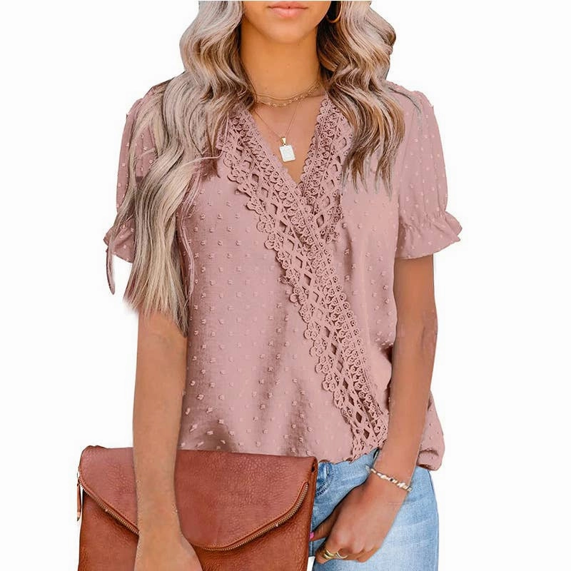 Torsion Support Structure HypoallergenicConstruction CHIFFON HAIRBALL LACE V-NECK SHIRT_CWTBLS0757