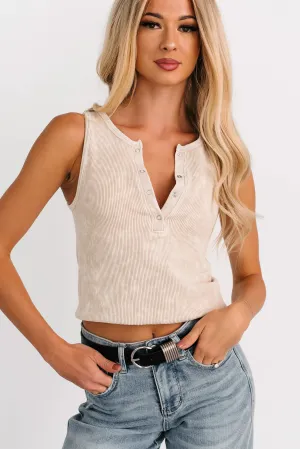 HighDensity Weave Chill Intentions Ribbed Washed Zenana Henley Tank (Beige)