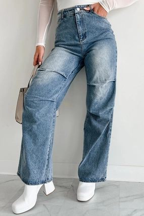 Urban Roots Knee Tuck Wide Leg Jeans (Washed Denim) Breathable Lining Breathable mesh