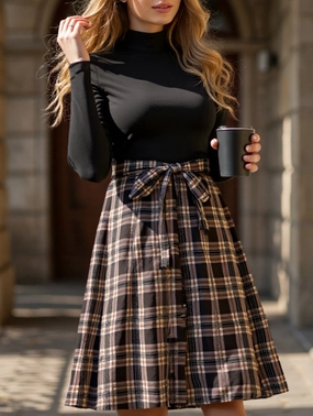Elegant plaid long dress with stand-up collar Evening Event Comfy and Cozy