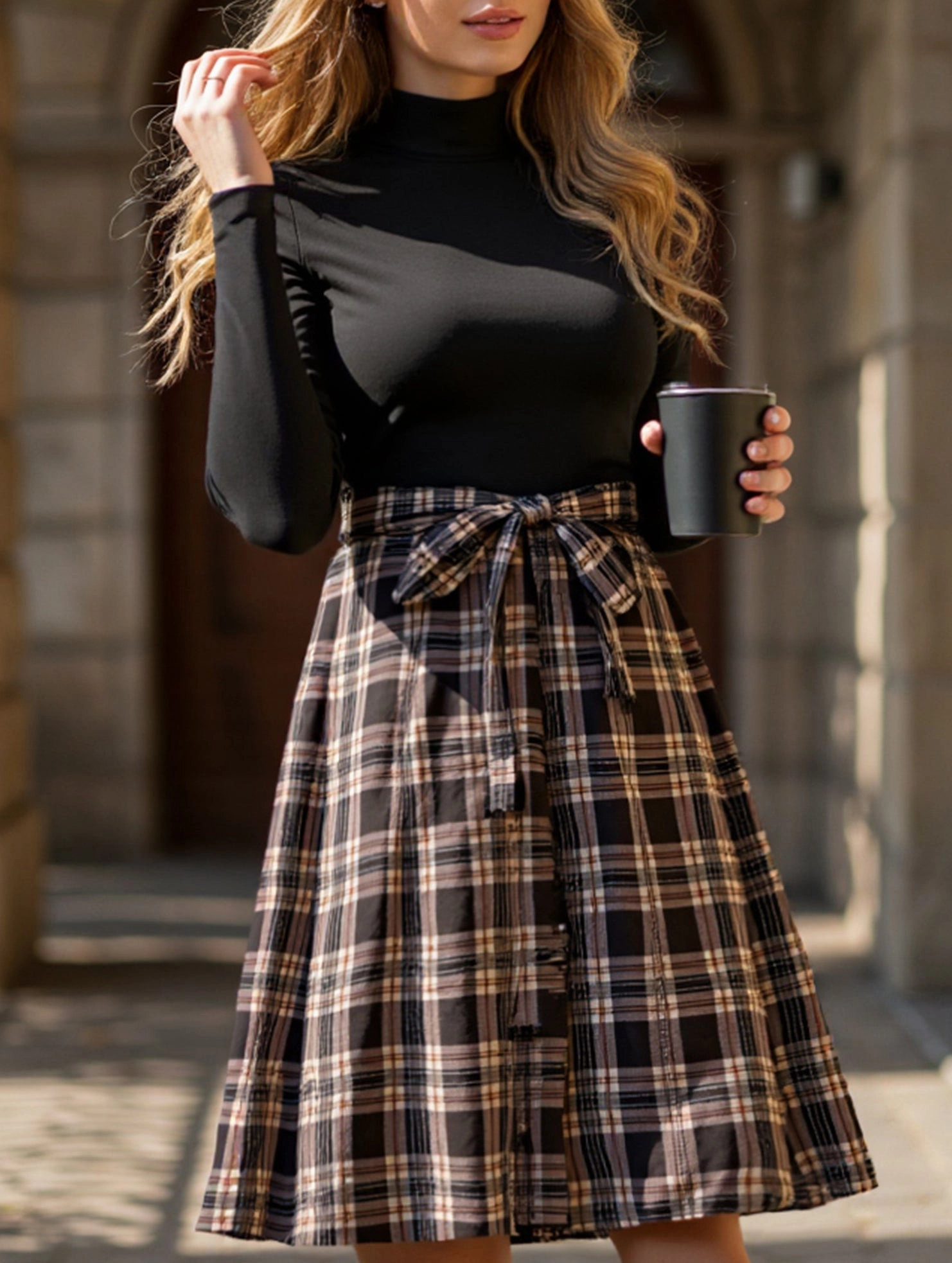 Versatile Comfort Wear Subtle Touch Elegant plaid long dress with stand-up collar