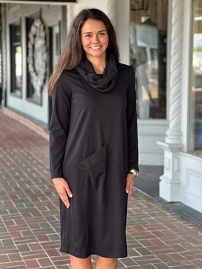 Classic structured dress Perfectly Fitted Perre Classic Pullover Cowl Neck Black Pocket Dress