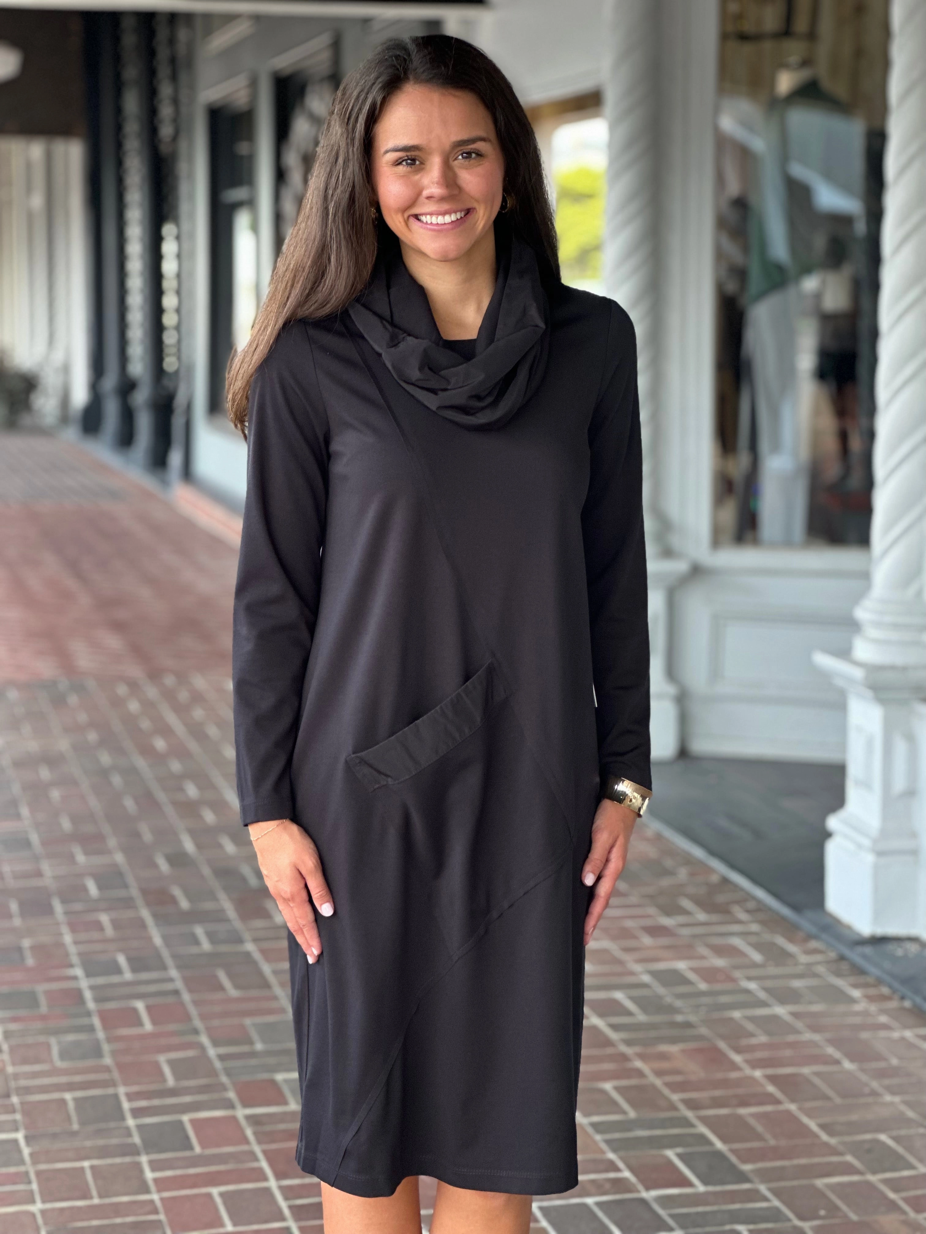 Perre Classic Pullover Cowl Neck Black Pocket Dress Soft Feel