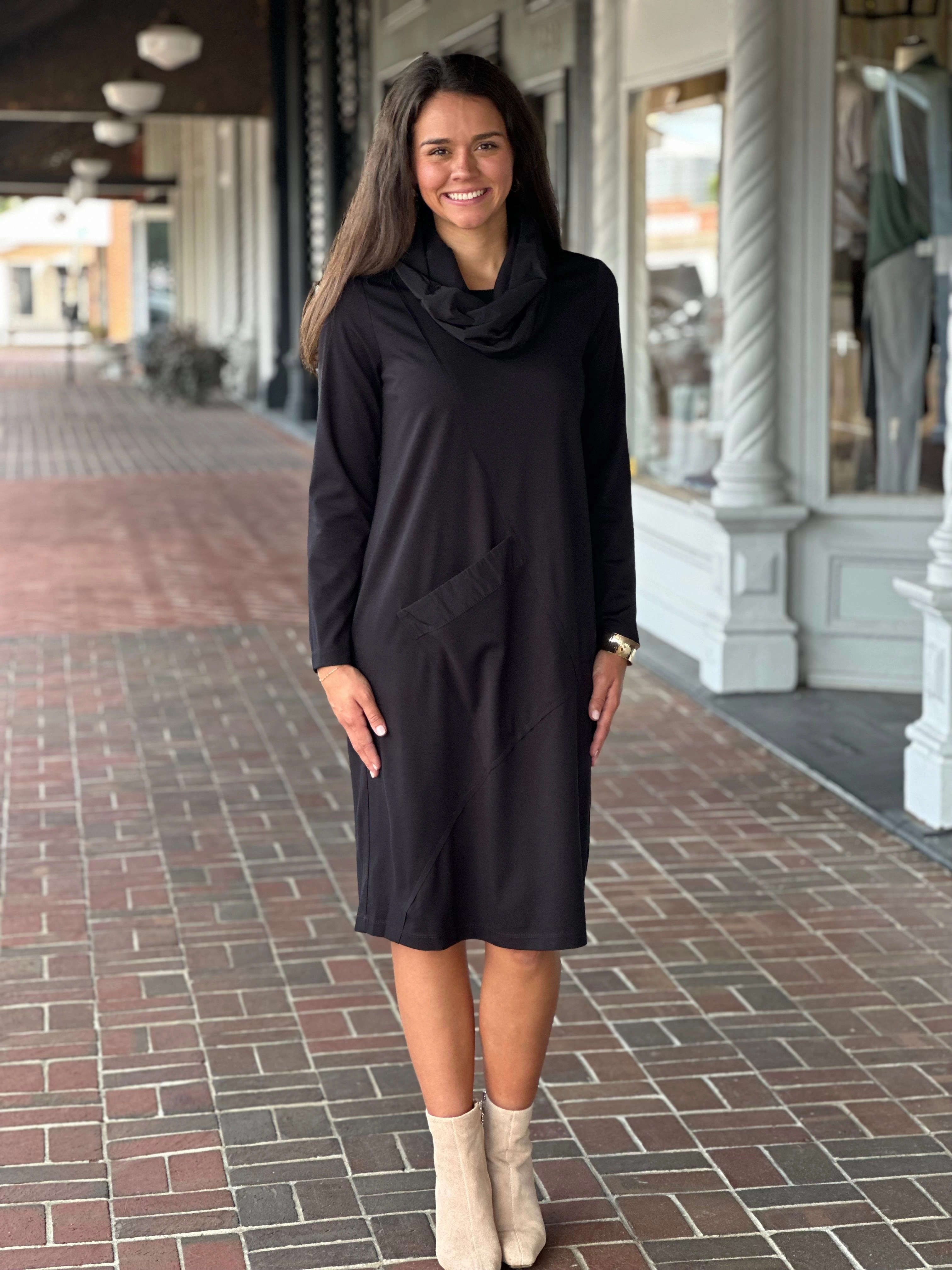 Daily Mood Perre Classic Pullover Cowl Neck Black Pocket Dress