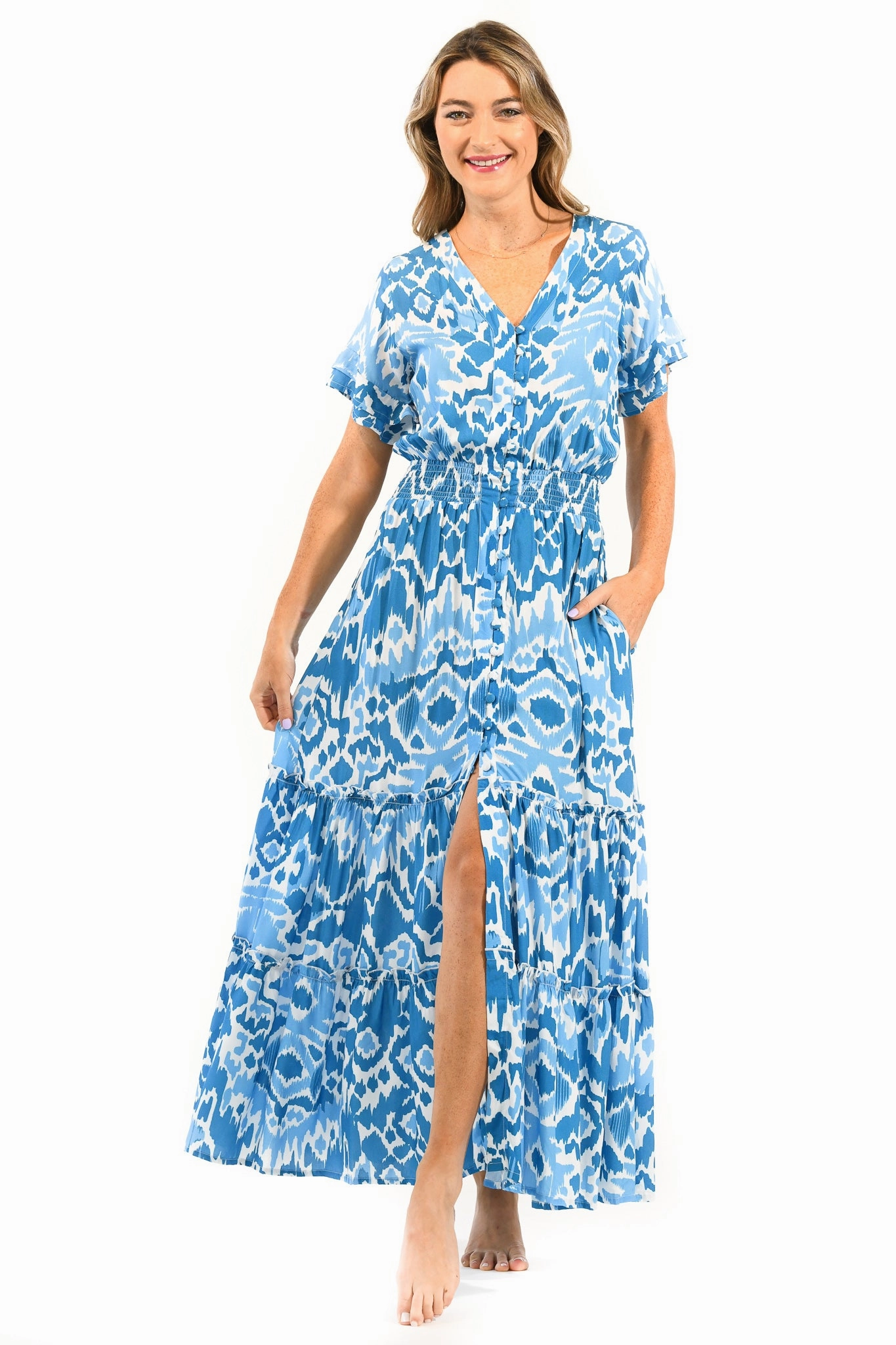 Sheer Panel Comfortable Fashion Christina Dress / Aegean Ikat
