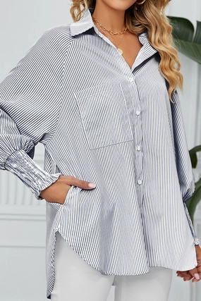 CUFF DRAW PLEATED LOOSE STRIPE COLLAR SHIRTS Ultraviolet Protection Finish