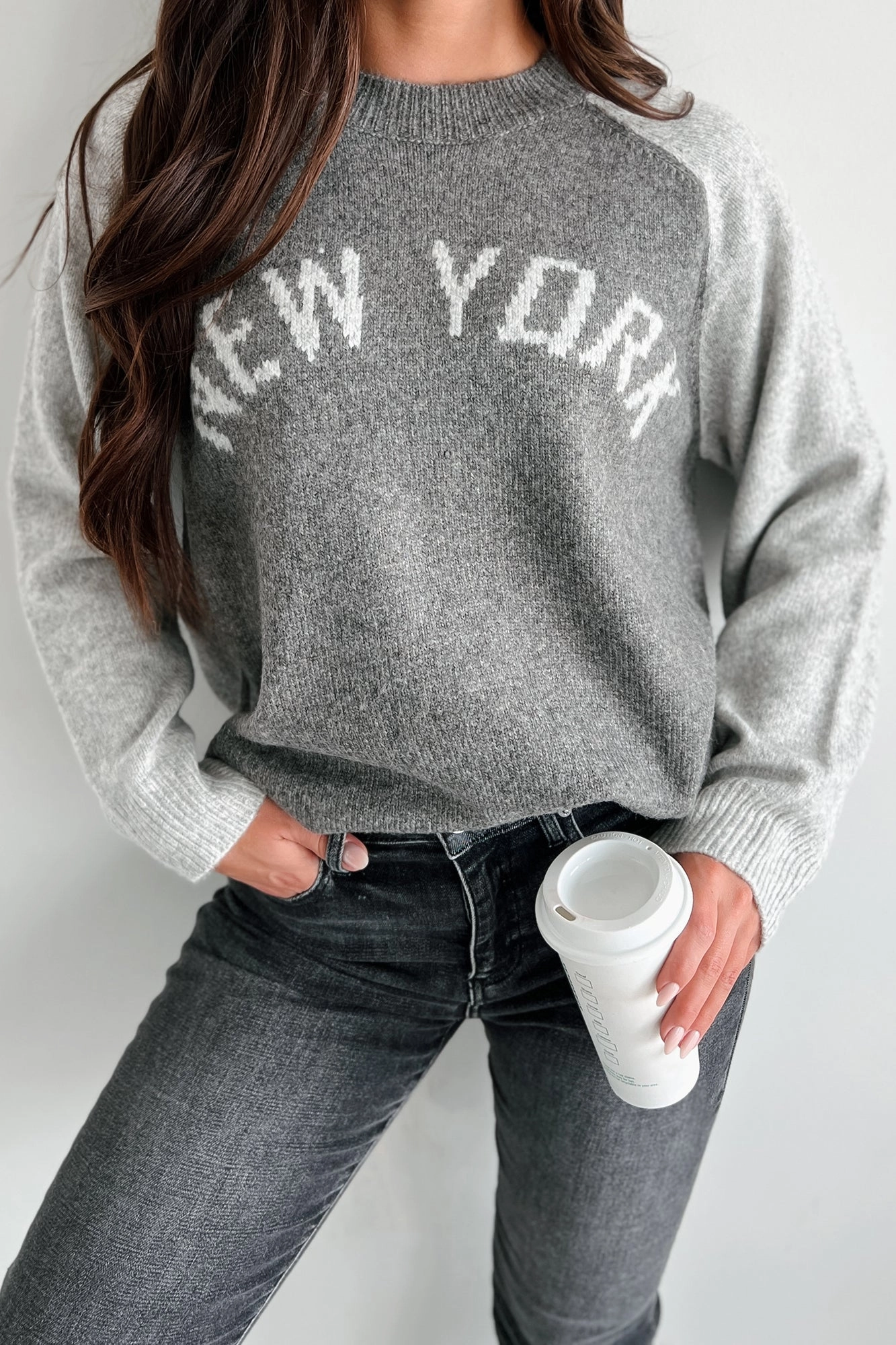 Elasticized Waistband City That Never Sleeps "New York" Sweater (Charcoal/Grey)
