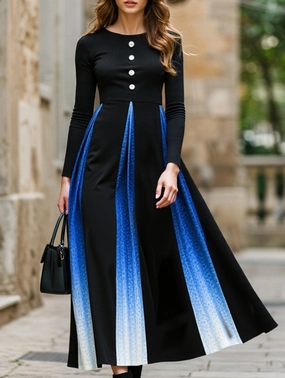 Gradient Button Round Neck Long Sleeve Dress Travel-Style Softly Structured
