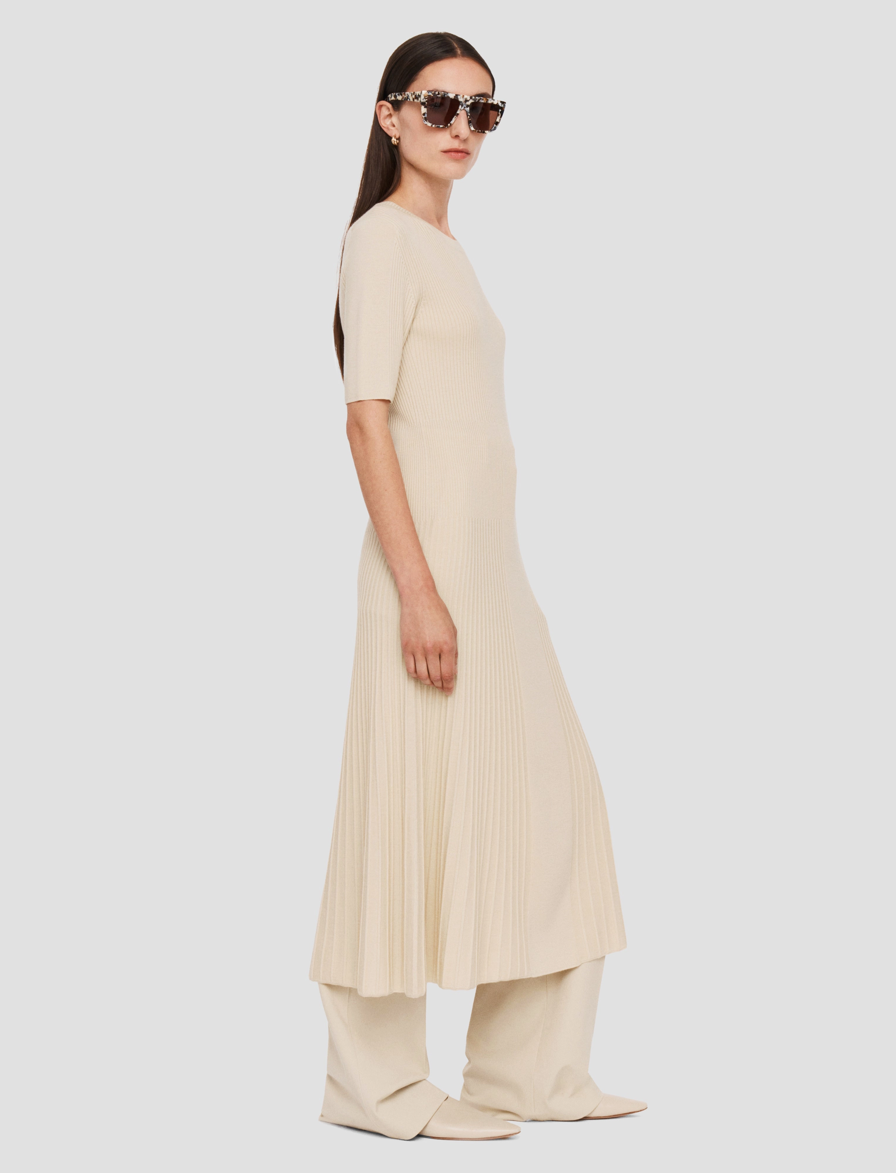 Fine Merino Rib Dress Side Pleats Timeless Piece