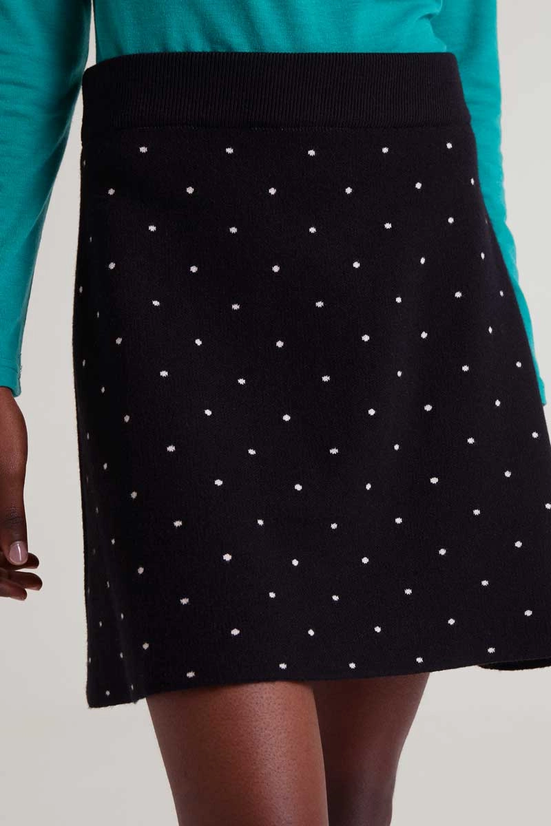 Polka Dot Knit Mini Skirt in Black Roll Up Fasten