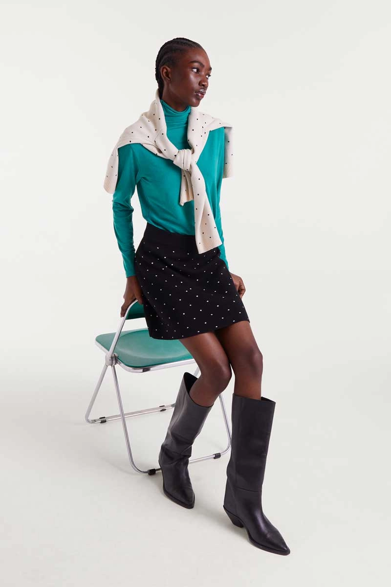 Polka Dot Knit Mini Skirt in Black Jewel Tones