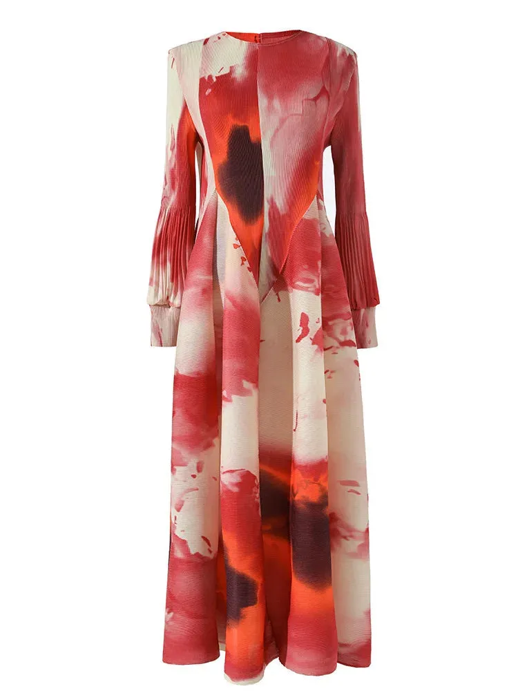 Classy Modest Pleated Dress with Puffy Sleeves