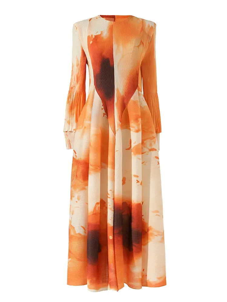 Classy Modest Pleated Dress with Puffy Sleeves