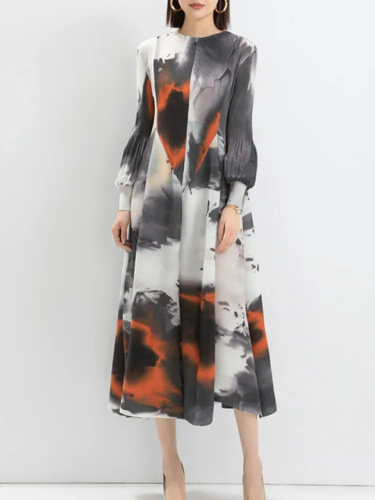 Classy Modest Pleated Dress with Puffy Sleeves