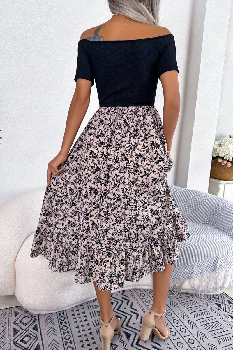 Calm Movement CASUAL FLORAL FLOUNCES MID LENGTH DRESS_CWDSD2506