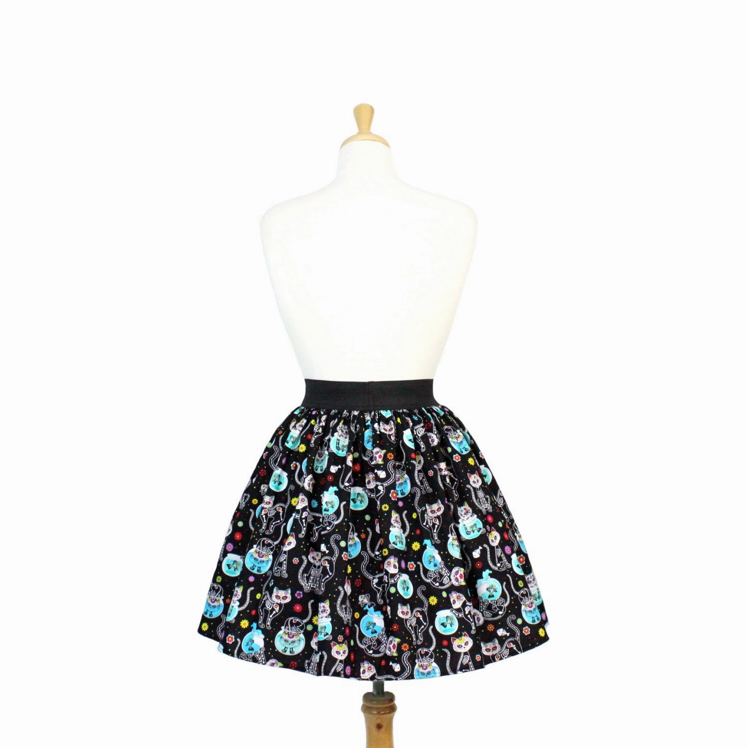 Sleek Comfort Seamless Edging Day of the Dead Kitty Pleated Skirt #PS-C332