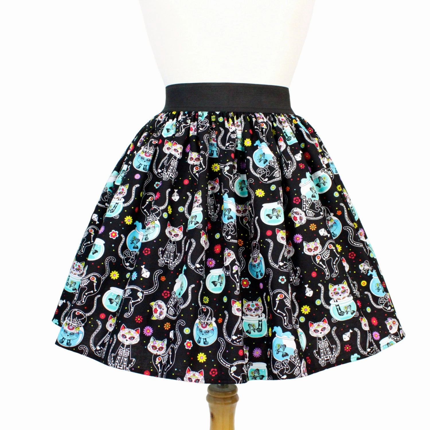 Laser Cut Edges Mall Brand Look Day of the Dead Kitty Pleated Skirt #PS-C332