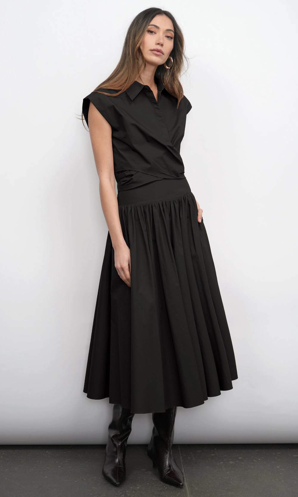 Etienne Smocked Waist Gathered Midi Skirt in Black Hand Painted