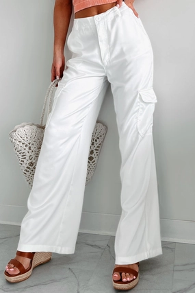Casual Must-Have Organic Cotton Clearing The Air Wide Leg Satin Cargo Pants (Off White)