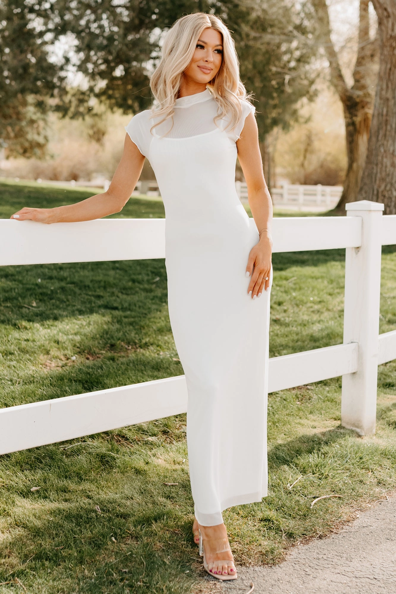 Versatile Layer Wear Wish You Were Here Mesh Mock Neck Maxi Dress (Ivory)