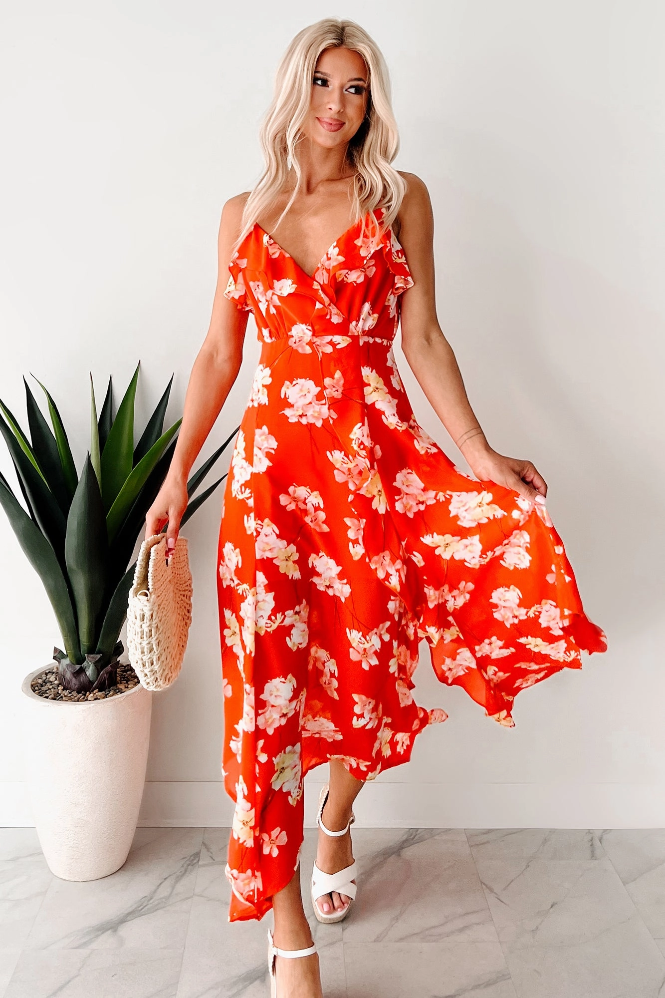 Cocktails In Costa Rica Floral Maxi Dress (Orange/Yellow) Pleated-Texture Soft Wear