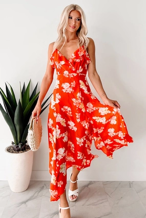 Cocktails In Costa Rica Floral Maxi Dress (Orange/Yellow) Pleated-Texture Soft Wear