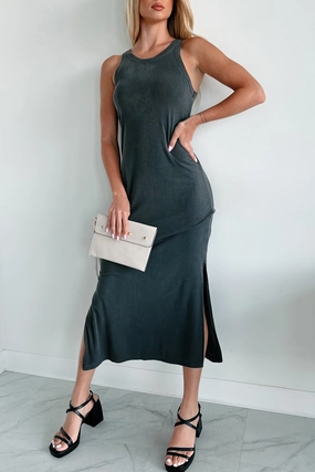 Urban Chic Dreamy Texture Chances Are Ribbed Tank Midi Dress (Charcoal)