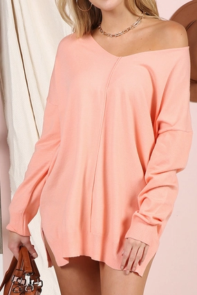 V NECK LOOSE FIT TUNIC LENGTH SOFT SWEATER TOP Chic Sweater