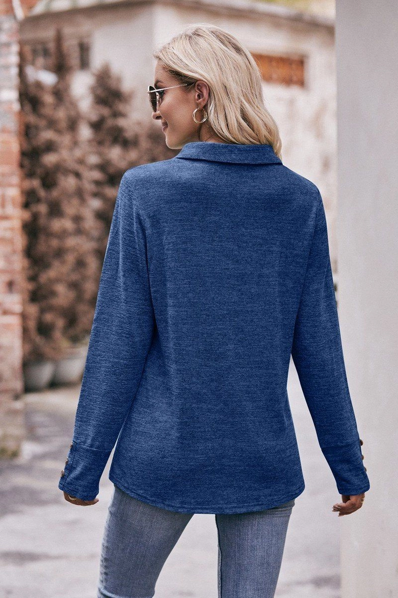 BreathableMesh COLLARED V NECK LONG SLEEVE CASUAL BLOUSE TOP