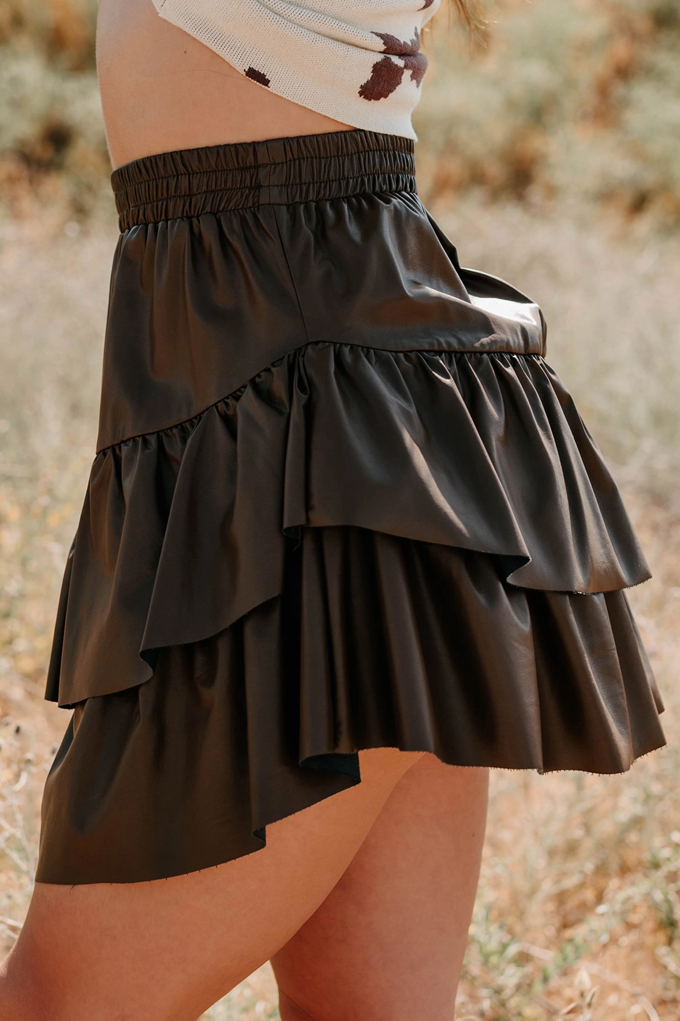 Make My Day Faux Leather Ruffle Mini Skirt (Chocolate) Outfit Game