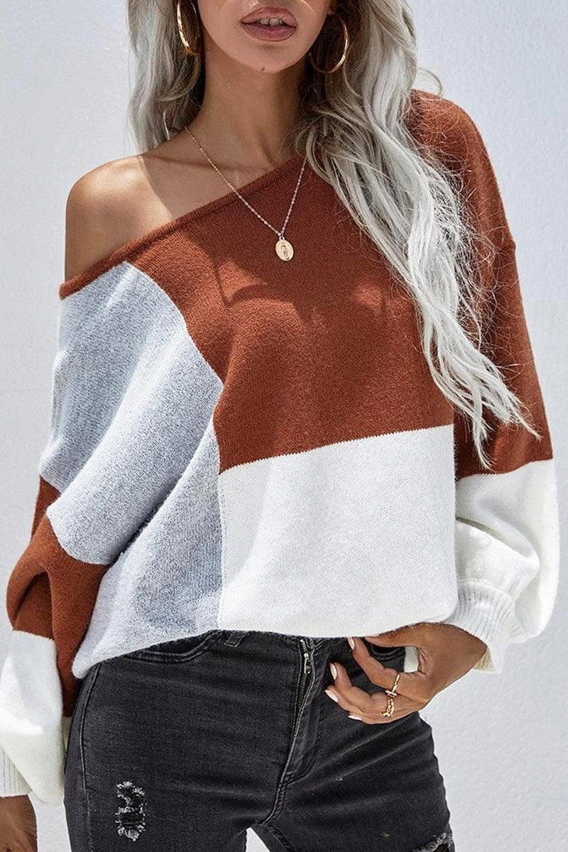 COLOR BLOCK ROUND NECK SWEATER TOP FOR WOMEN FlexibleElasticatedEdging Fashionable Look
