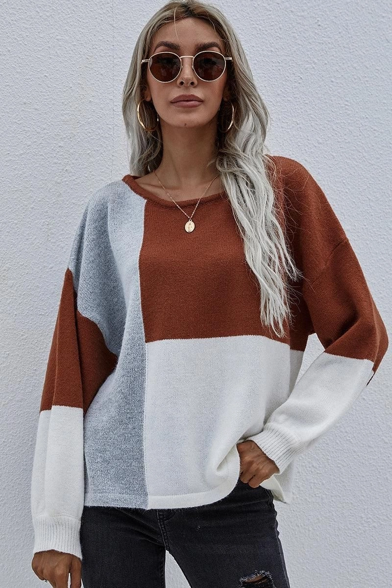 HighStretchElastic COLOR BLOCK ROUND NECK SWEATER TOP FOR WOMEN