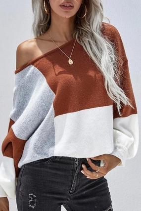 COLOR BLOCK ROUND NECK SWEATER TOP FOR WOMEN FlexibleElasticatedEdging Fashionable Look