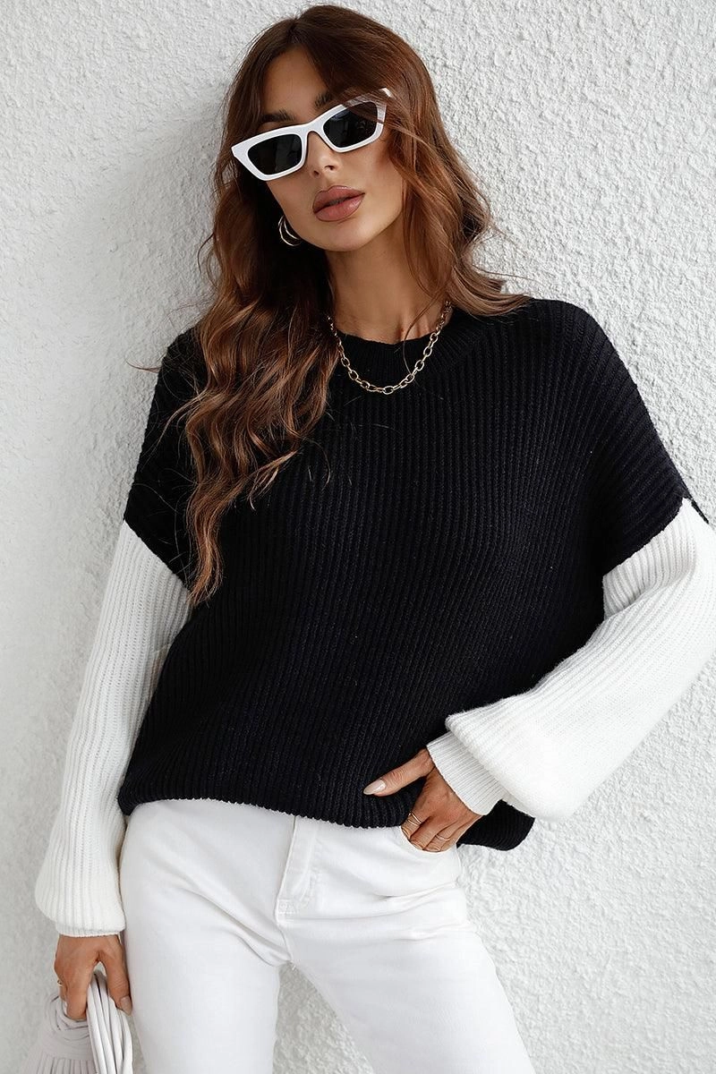COLOR BLOCK SLEEVE KNIT WARM SWEATER Sustainable Textile