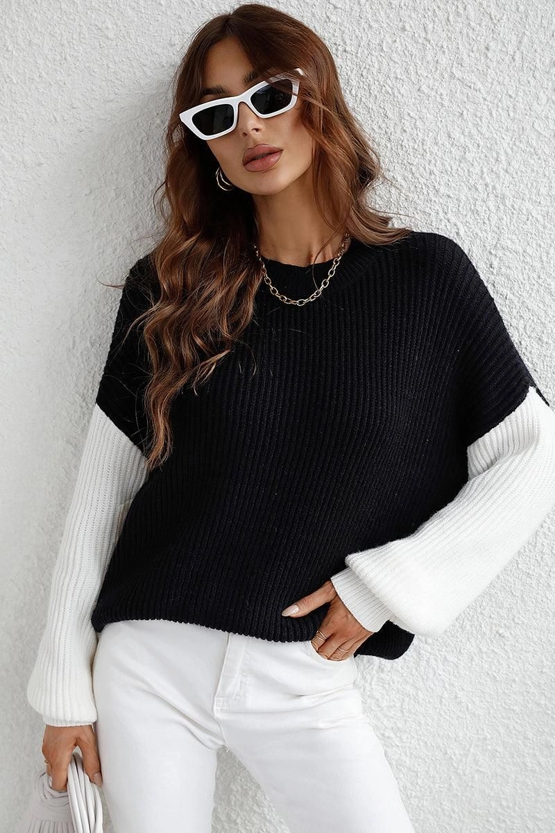 Relaxed Top COLOR BLOCK SLEEVE KNIT WARM SWEATER