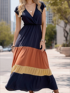 Warm Pink COLOR-CODED SHORT-SLEEVED V-NECK LONG-WAIST DRESS