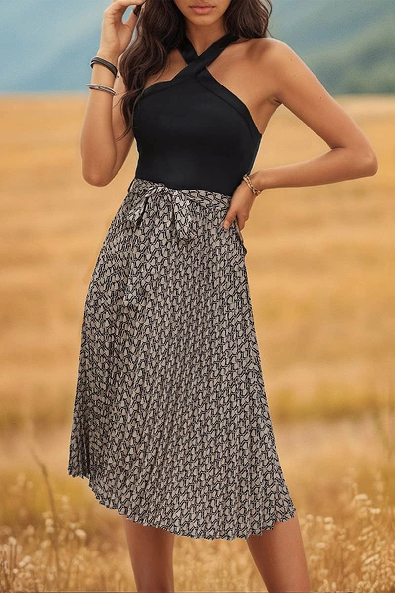 COLOR MATCHING CROSS HANGING NECK STRAP DRESS_CWDSD2896 Peplum-Style