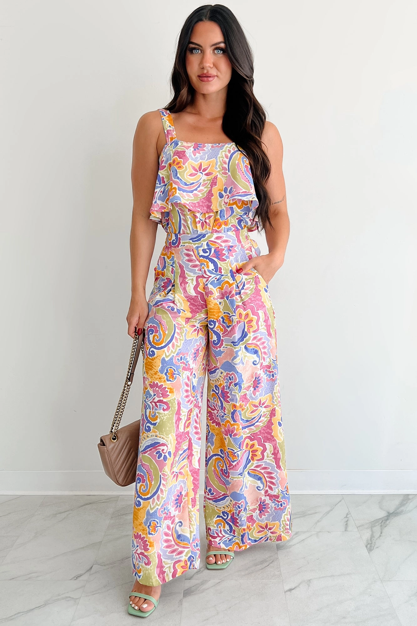 Minimal Waistband Sport Fit Colorful Imagination Printed Wide Leg Pants (Multi)